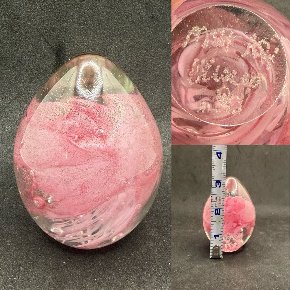 Vintage Signed Pink Paperweight- BEAUTIFUL GLASS Dated Unk Artist 1990 Egg Shape